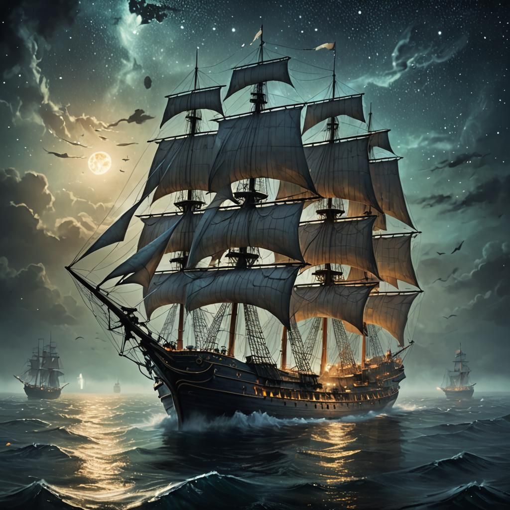 Ethereal Ghost Ship Sails a Mystical Ocean