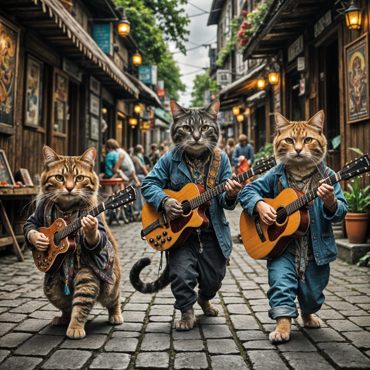 Hippie Cats Dancing in a Disco, Hyperrealistic Style