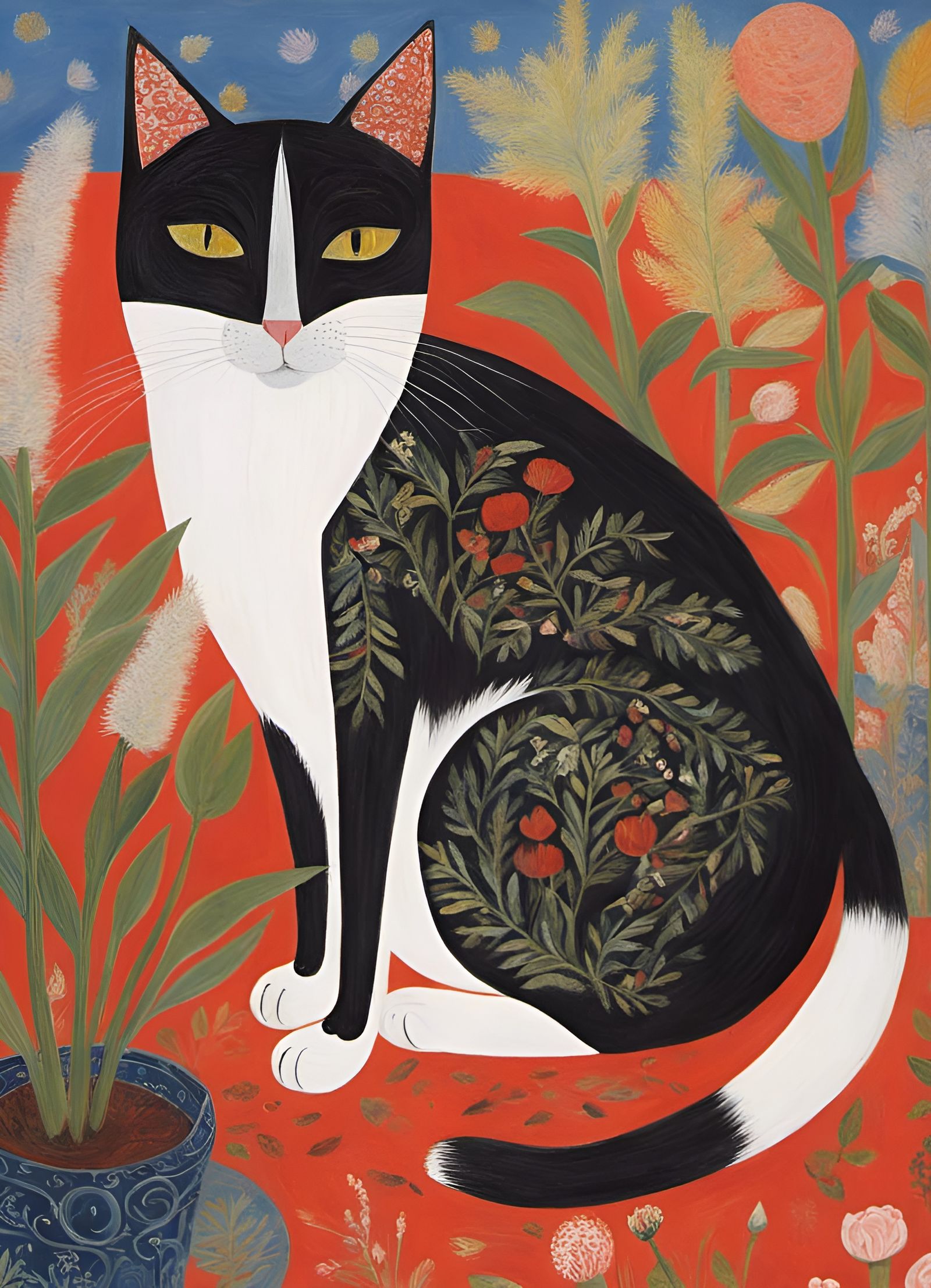 Colorful Cat Painting in Naive Art Style