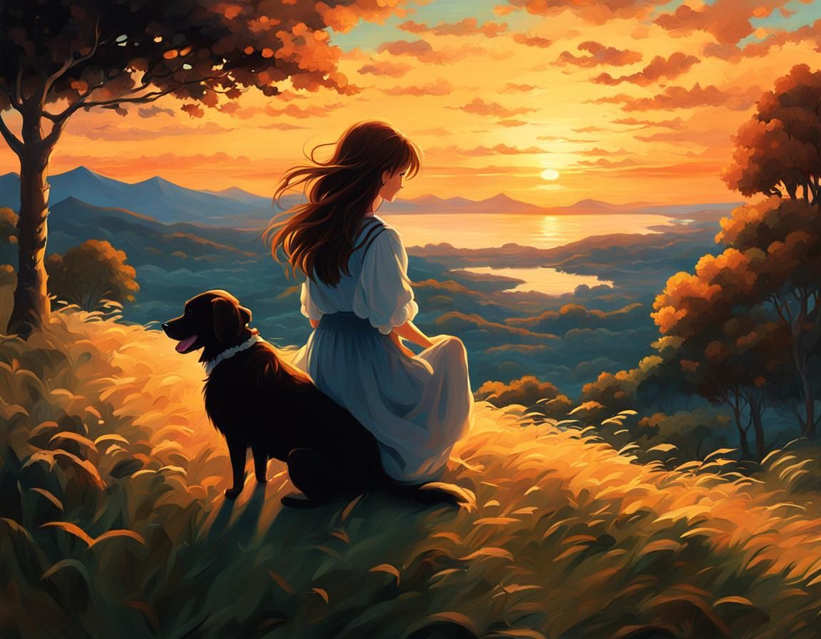 Romantic Sunset: Woman and Dog in Caravaggio-style Oil Paint...