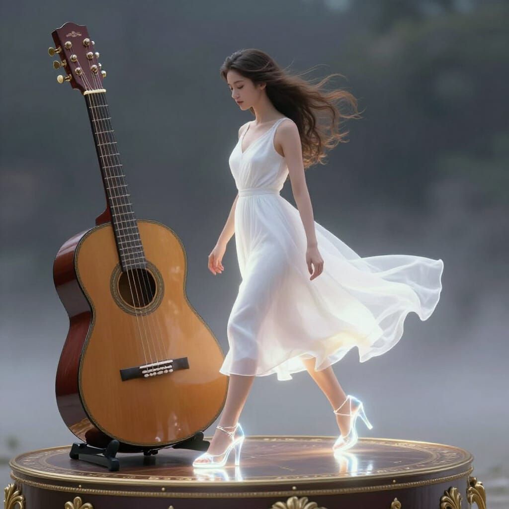 Ethereal Woman in Glowing Dress Walks on Guitar Strings