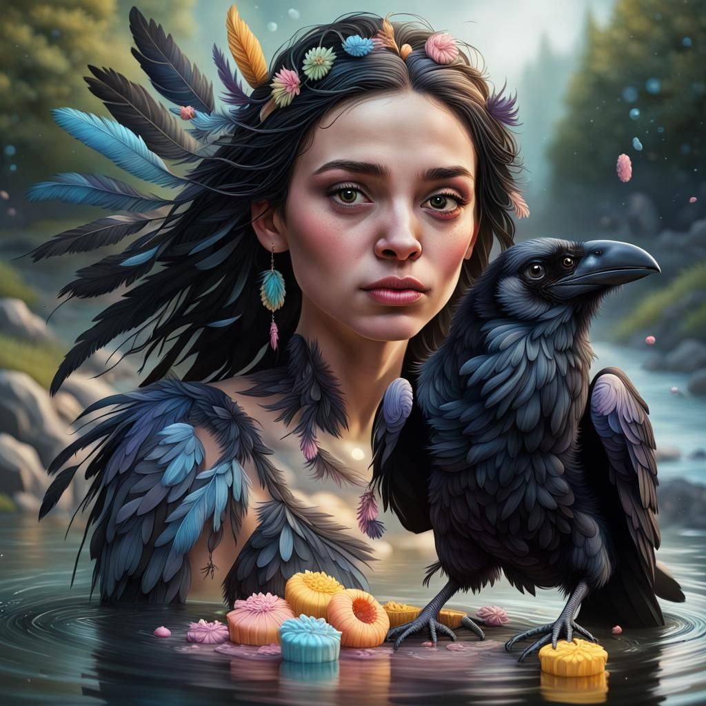 Graceful Raven Beauty Portrait in 3D