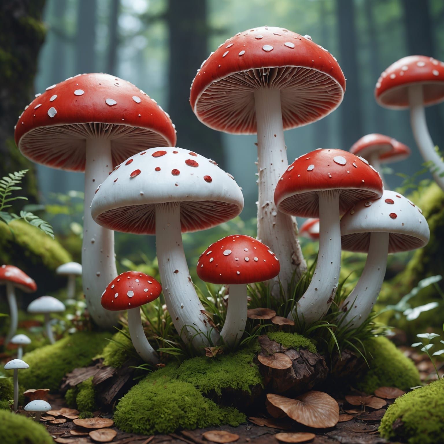 Red and White Mushrooms in 3D Anime Art