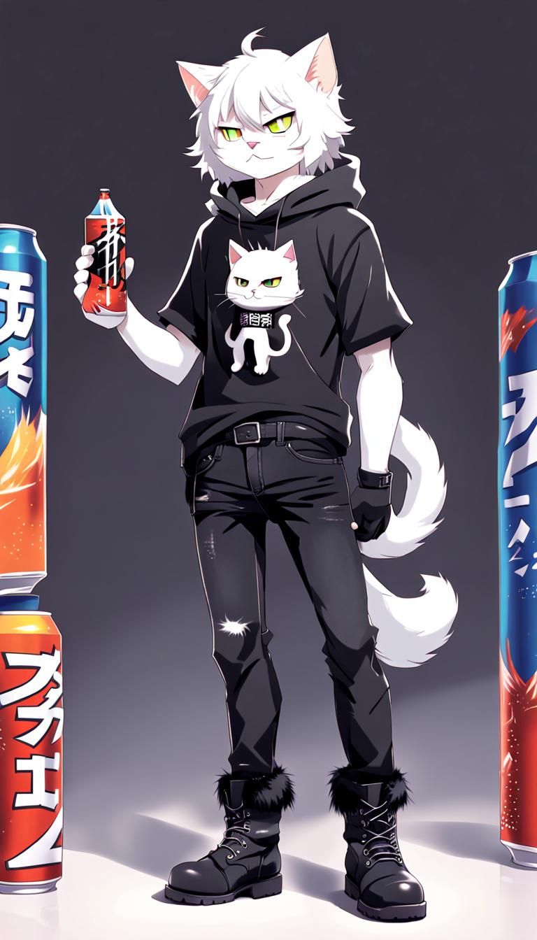 Anime White Cat with Energy Drink