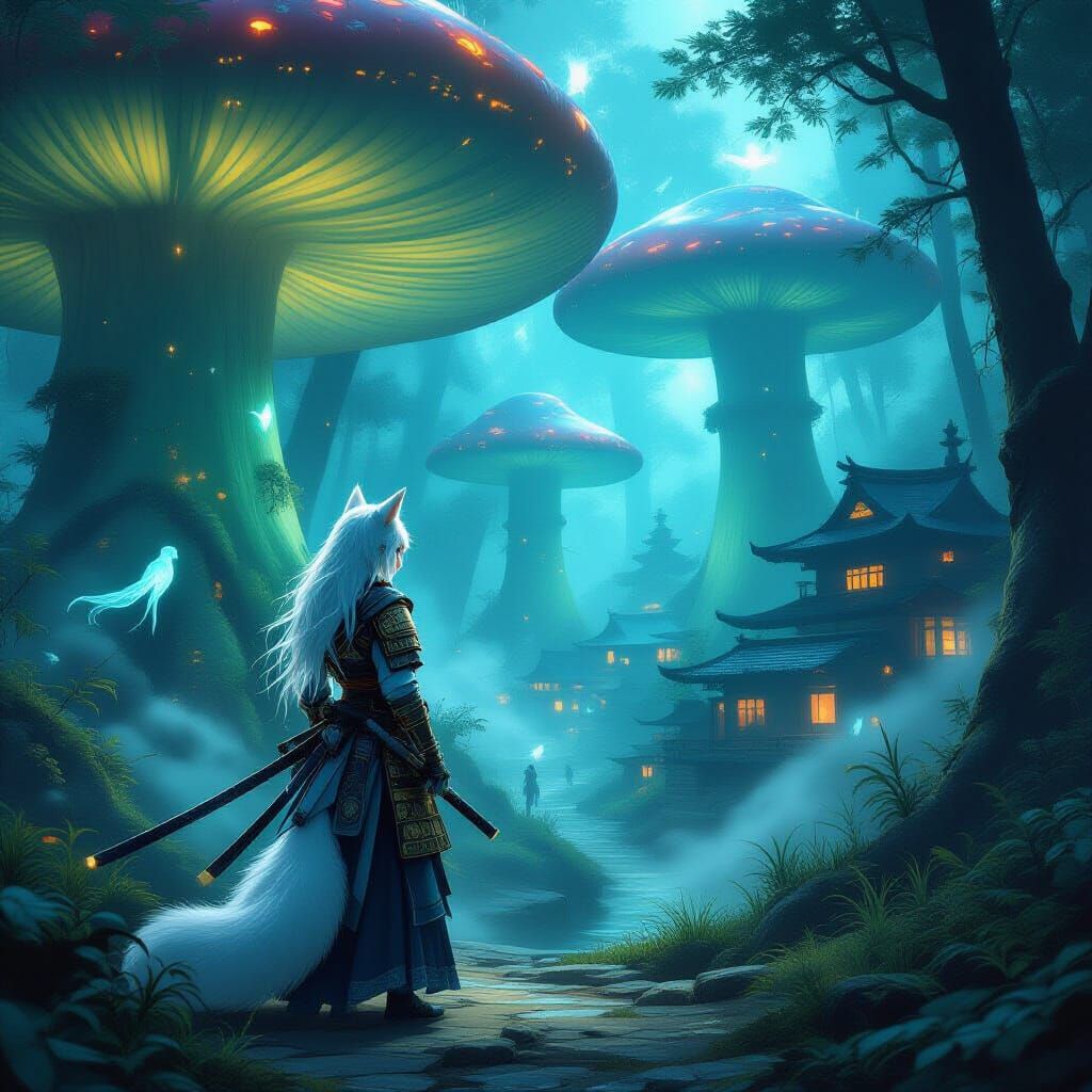 Kitsune Warrior Guards Hidden Village in Bioluminescent Fore...