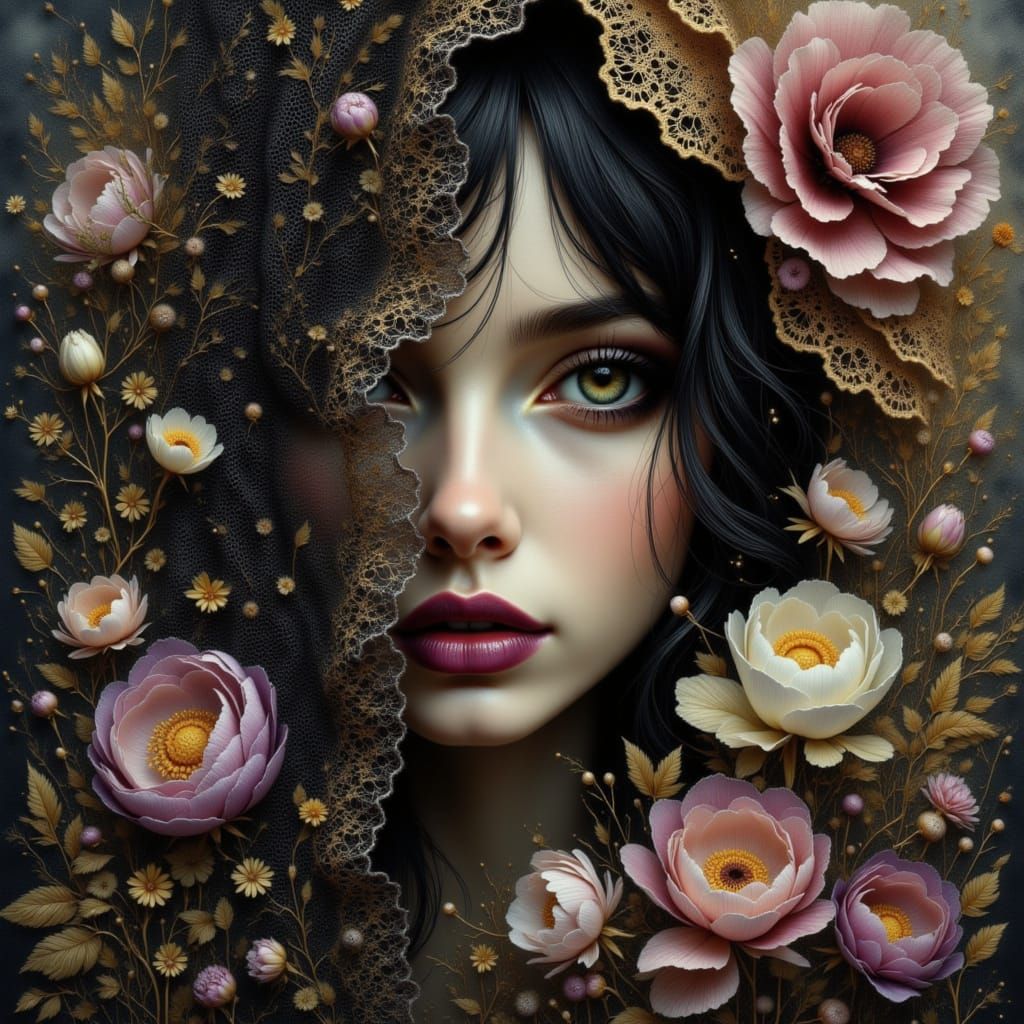 Beautiful Woman Behind Lace with Swirling Gold Patterns