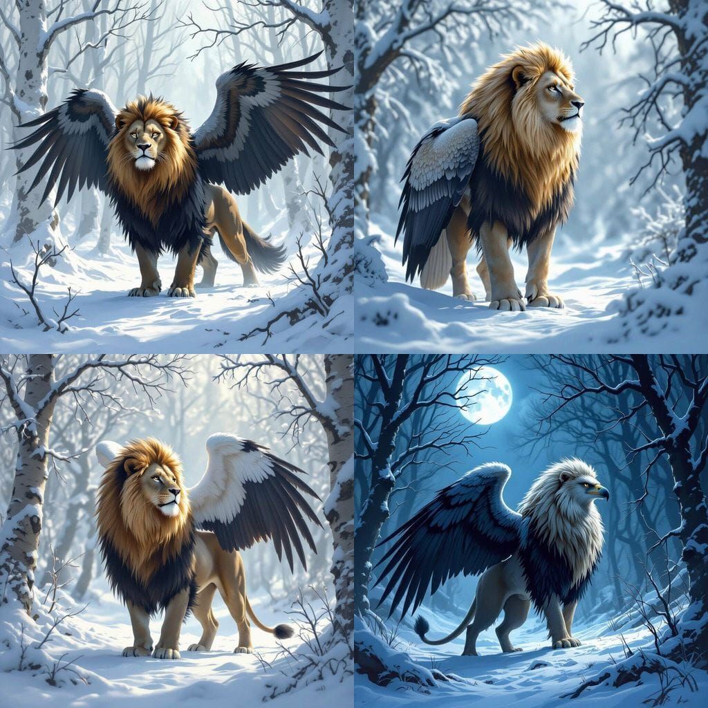 Lion Griffon Vulture Hybrid in Snowy White Forest