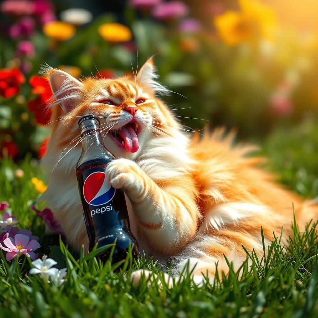 Vibrant Orange Cat Basks in Sunlight with Pepsi