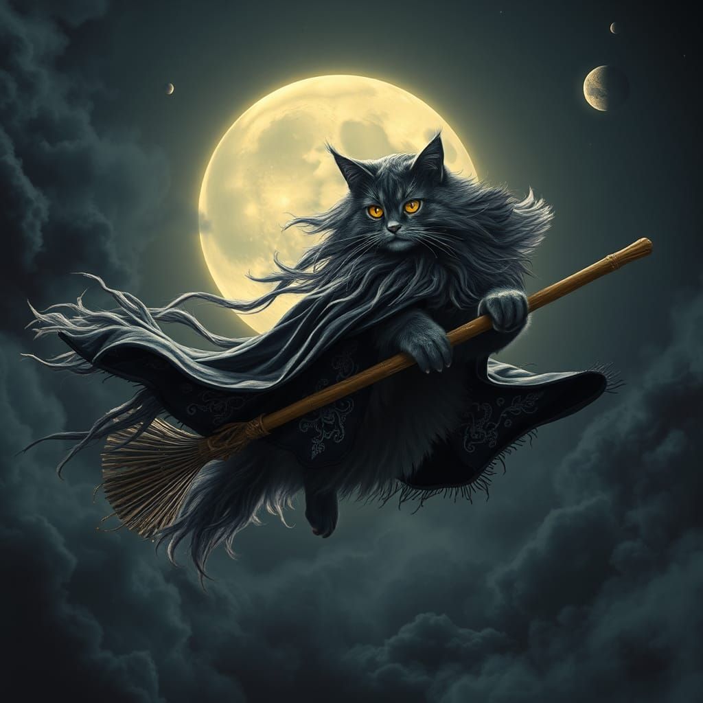 Witch Cat Rides Broomstick on Halloween Night