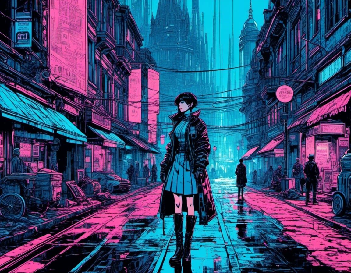 Cyberpunk Woman in Victorian City Street