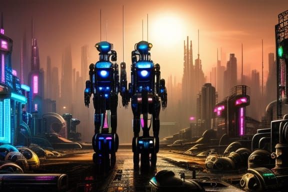 Cybernetic Robots Embrace in Dystopian City