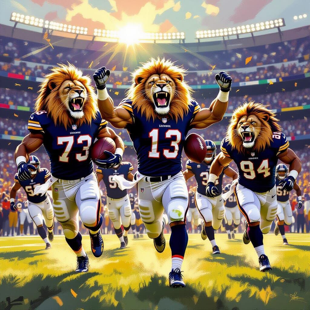 Lions Score Touchdown in Vibrant Sports Illustration Style