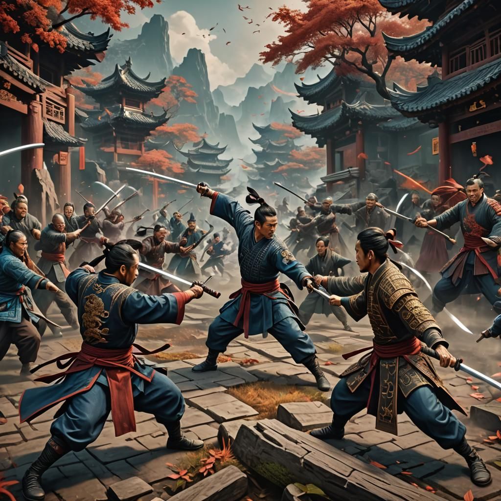 Hyperdetailed Woodcut of Tai-Chi Sword Warriors Battle
