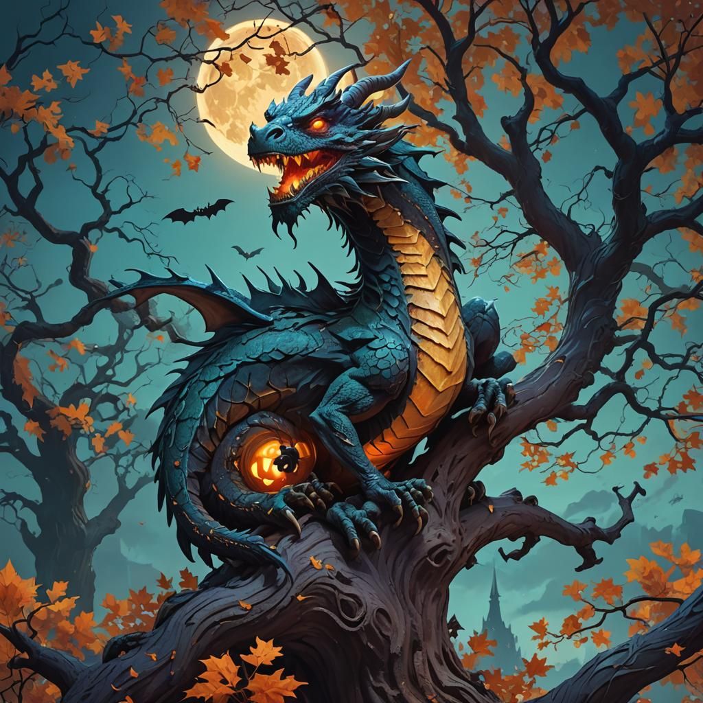 Halloween Dragon on Mystical Tree, Fantasy Art