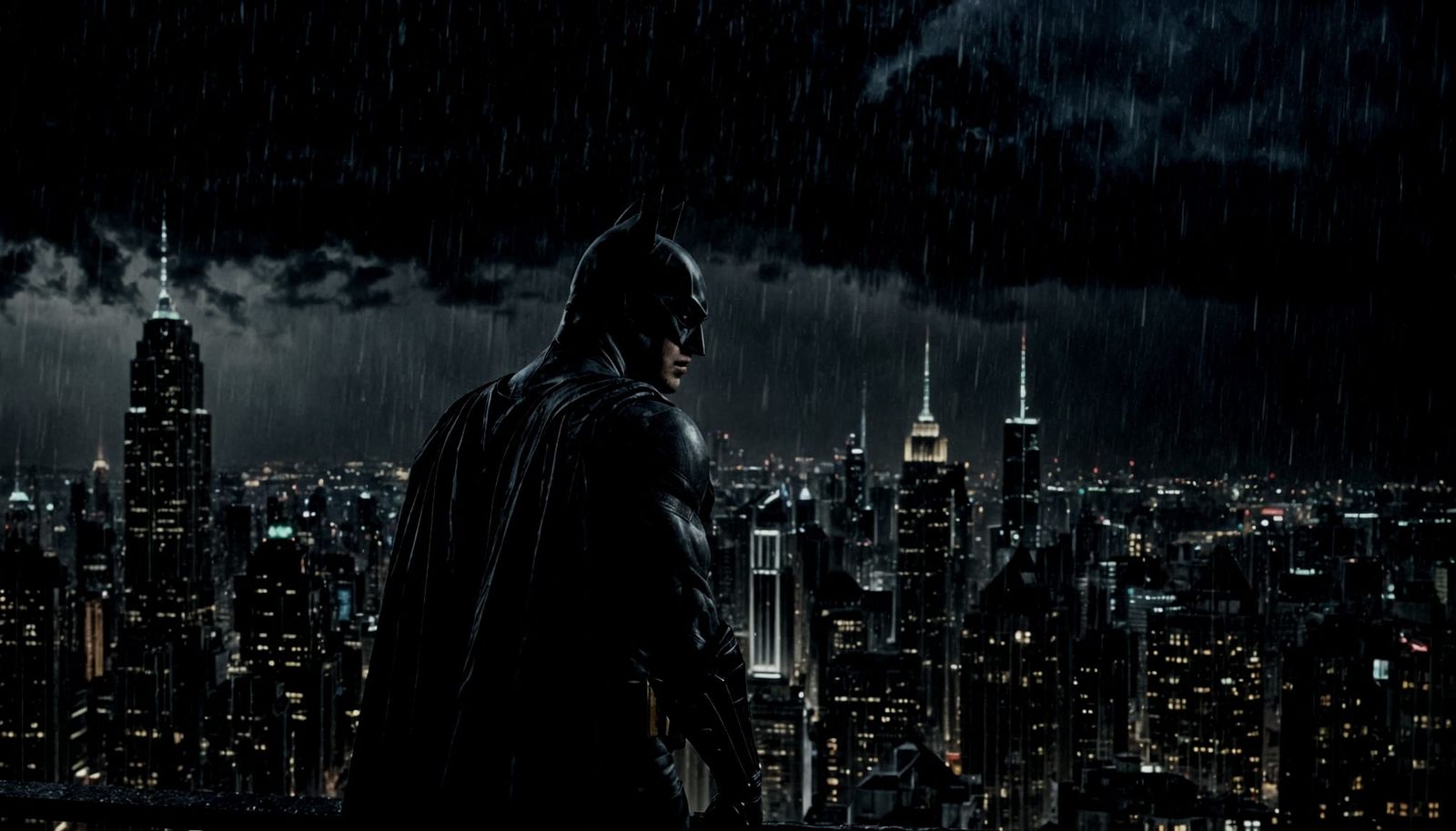 Batman Over Gotham in Cinematic Rainy Nightscape