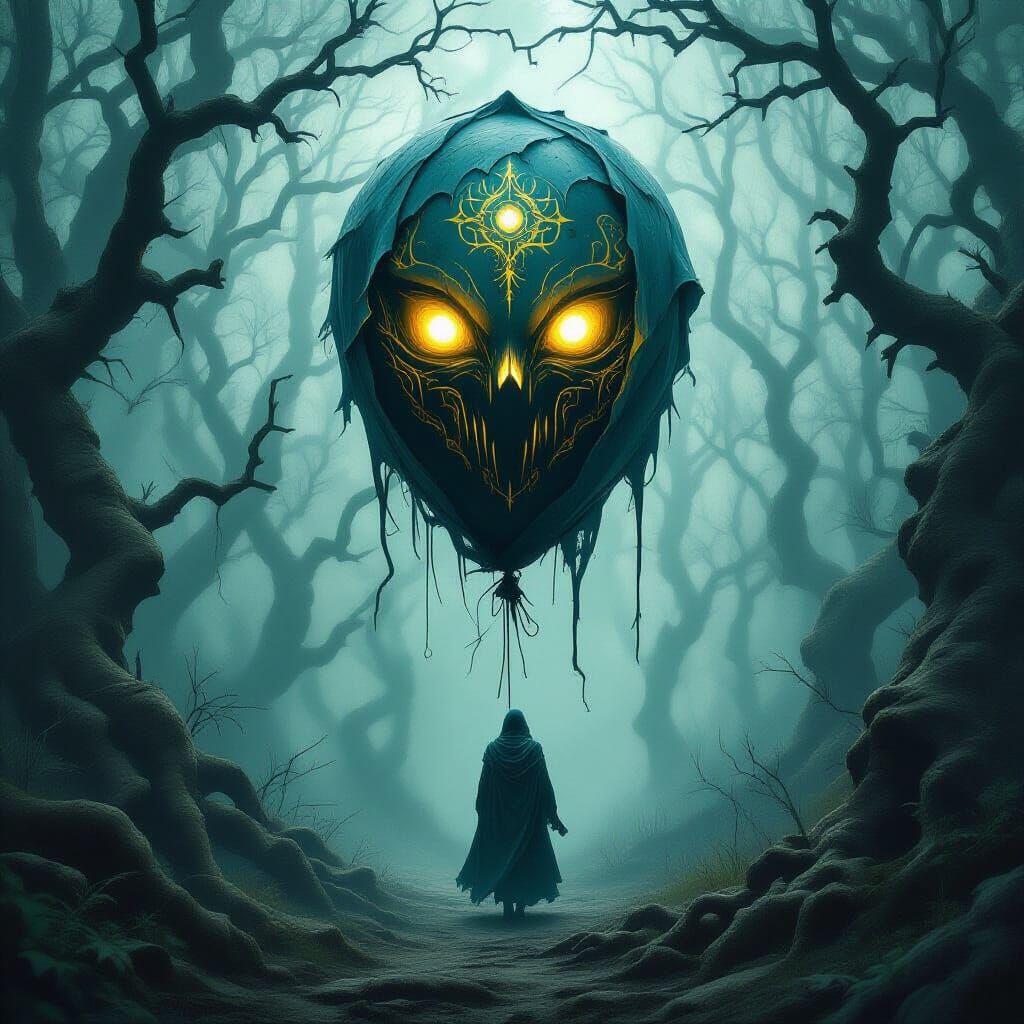 Mystical Balloon Drifting Through Haunted Forest