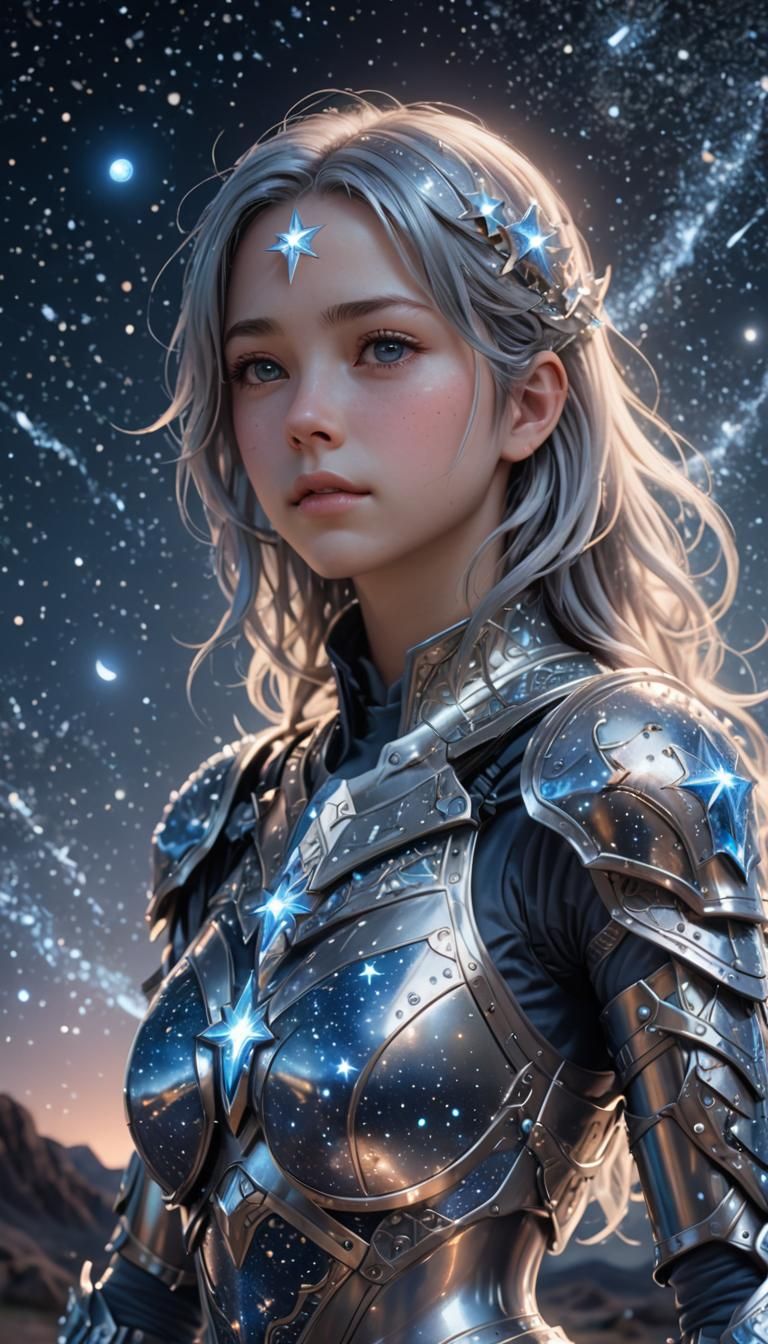 Anime Stargazer in Silver Armor, 3D Digital Art