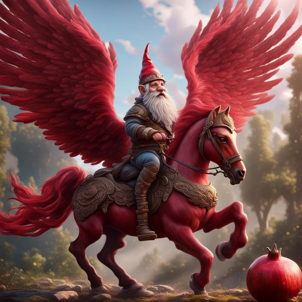 Pomegranate Gnome Rides Pegasus in Detailed Fantasy Art