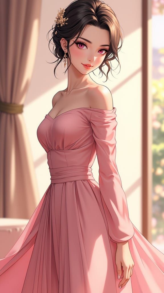 Elegant Anime Woman in Flowing Dress