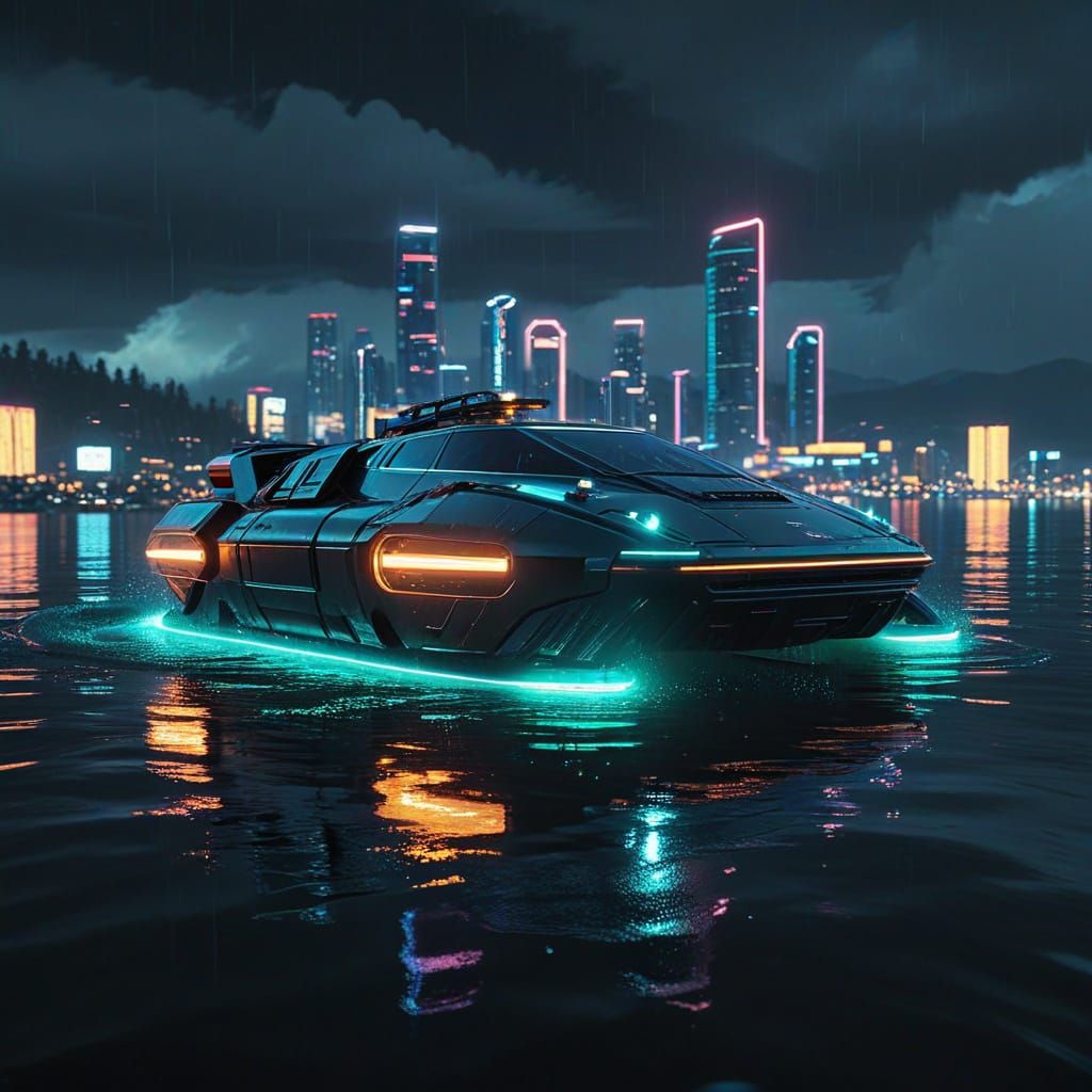 Cyberpunk Lake Tahoe at Night with Neon Lights
