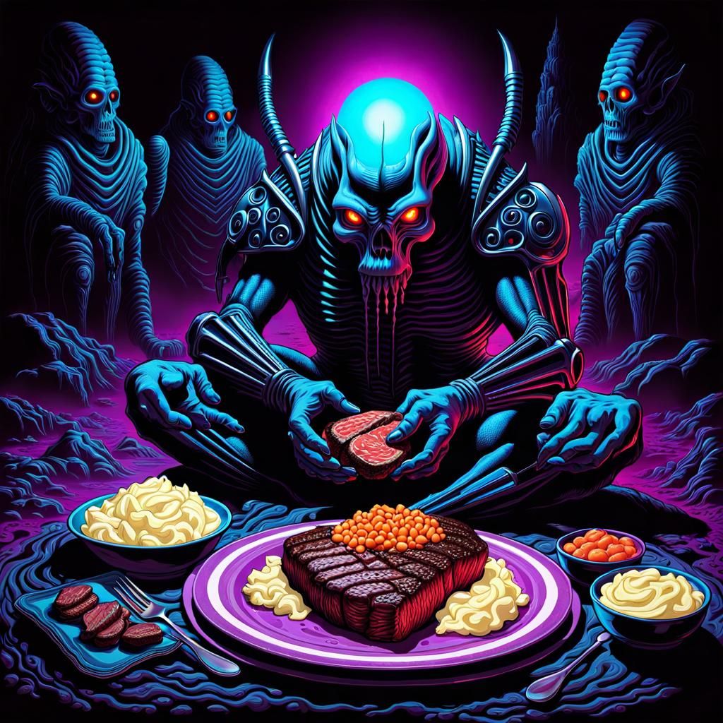 Mentally disturbed man eating a steak with his hands wearing a adult diaper on a floor lined with mashed potatoes on a d...