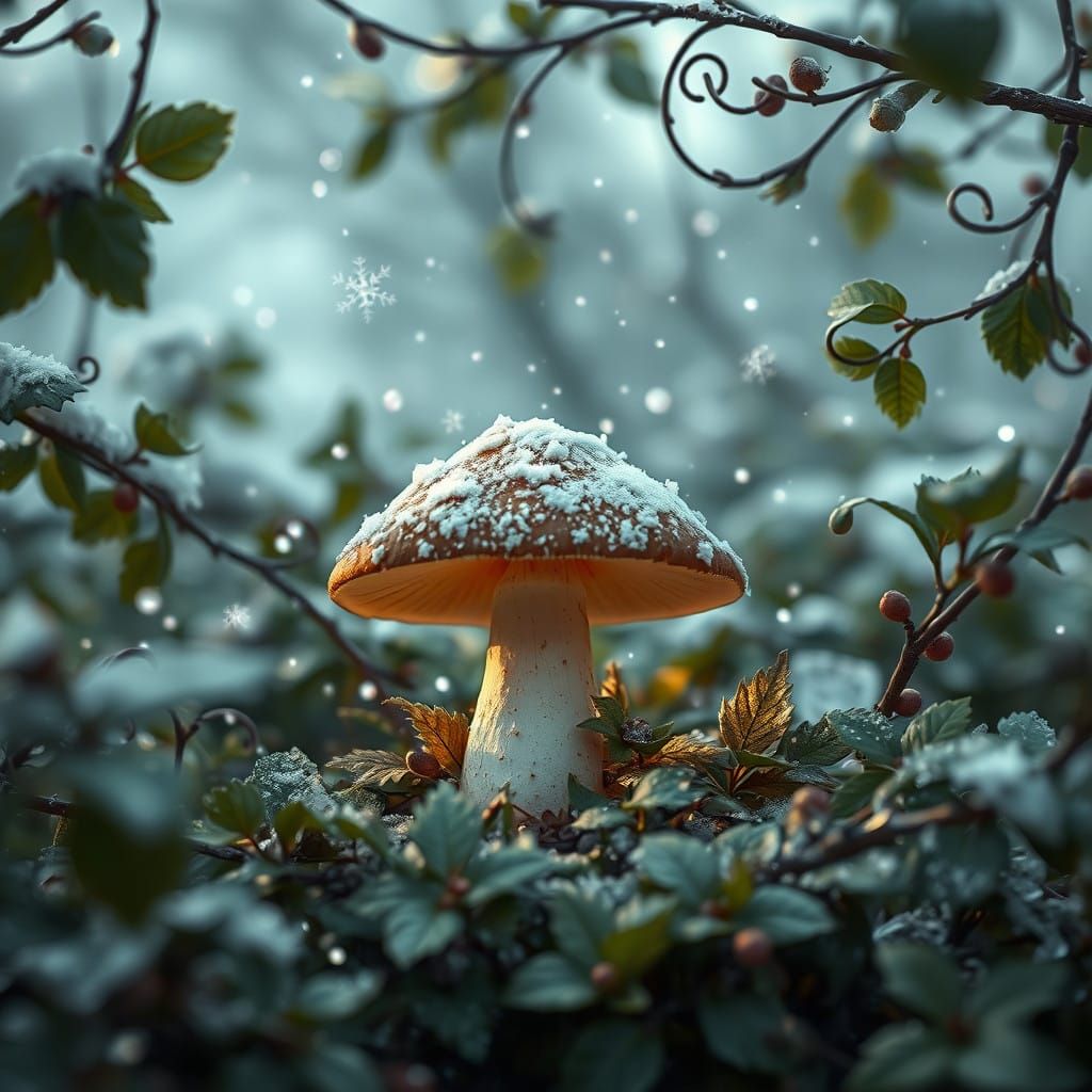 Whimsical Christmas Mushroom in Saison Hiver Landscape