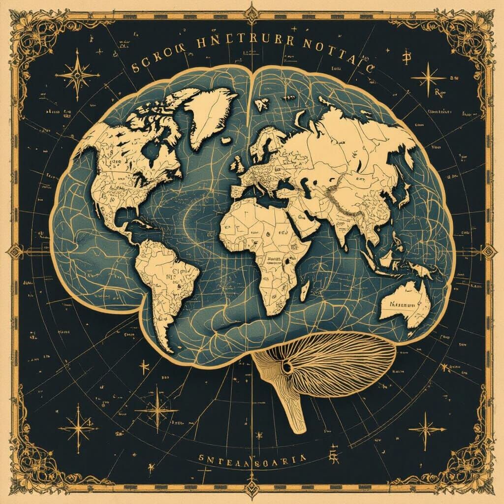 Brain-Shaped Map of Continents with Gilded Details