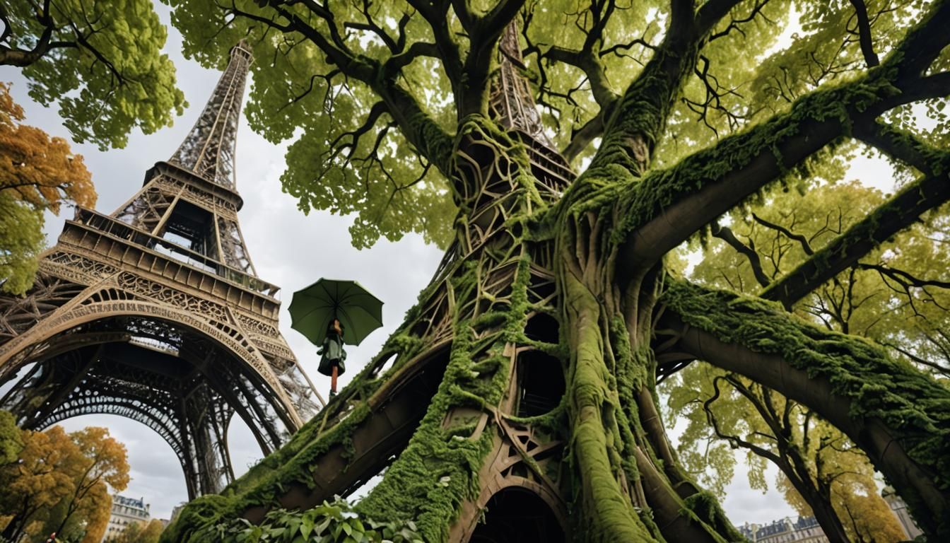 Eiffel Tower Tree Carving with Mechanical Woman