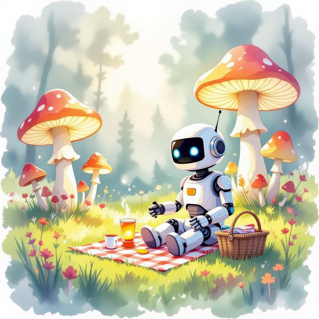 Friendly Robot Picnic Among Glowing Mushrooms in Watercolor