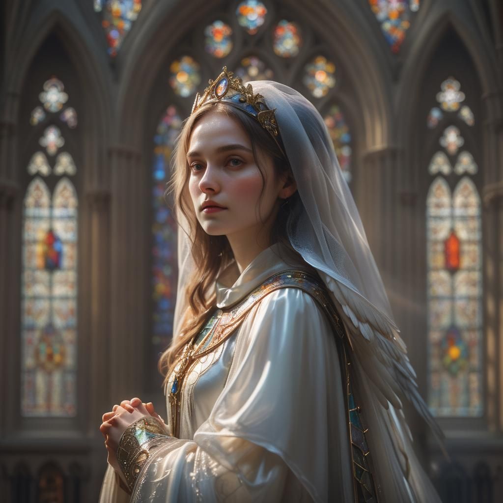 Angelic Woman in Gothic Cathedral, Rembrandt-Inspired Oil Pa...