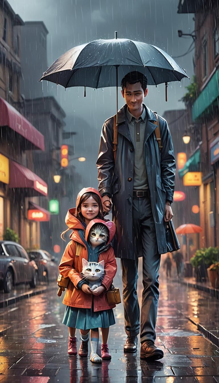 Sad Family with Cat in Rain, Pixar 3D Art
