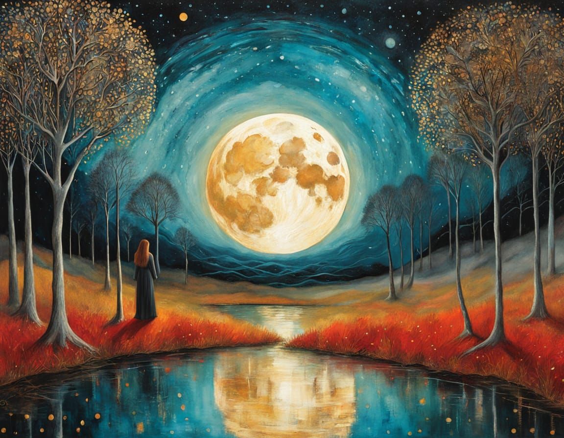 Ethereal Futuristic Landscape with Moon, Ink and Oil