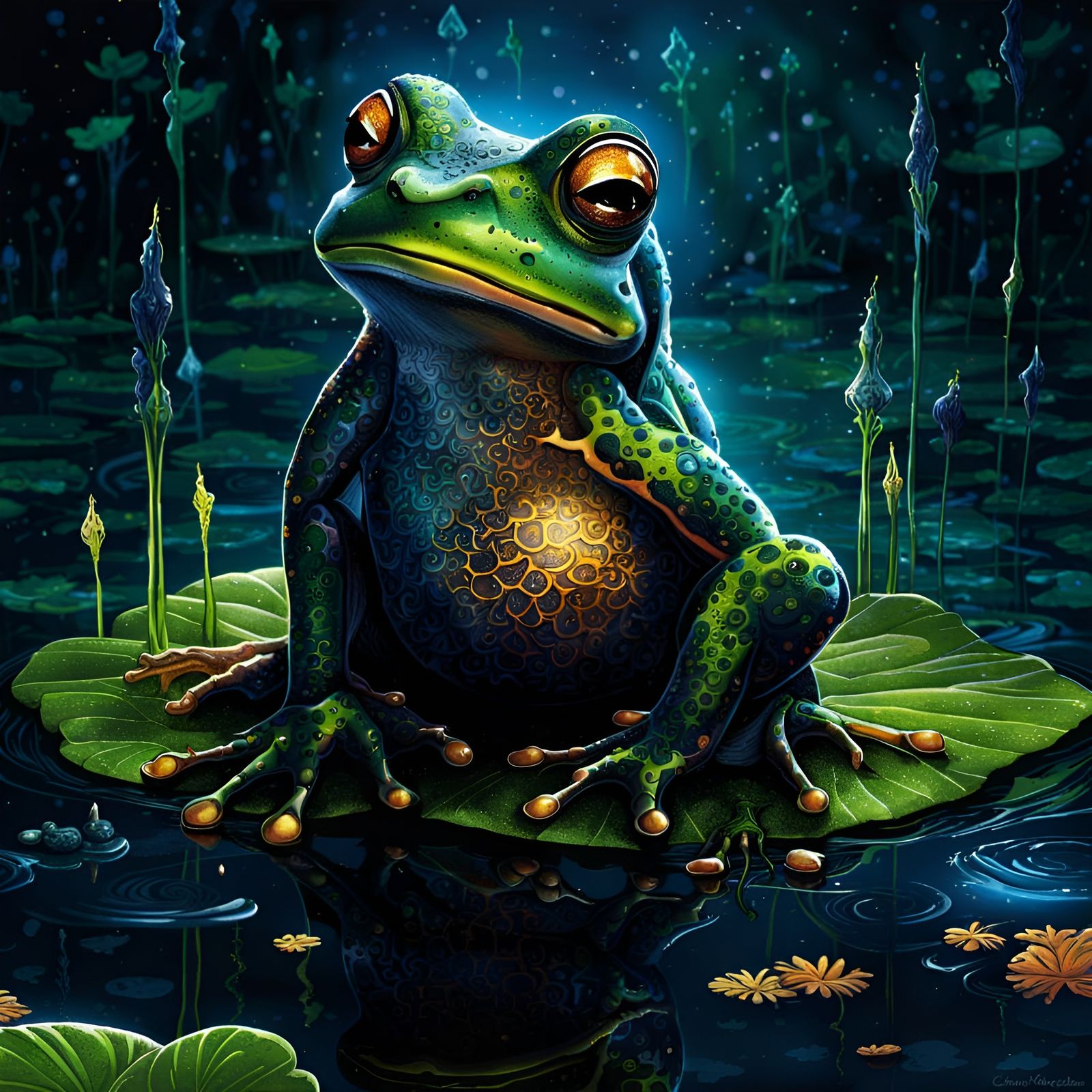 Cute Spiritual Frog in Moonlit Pond