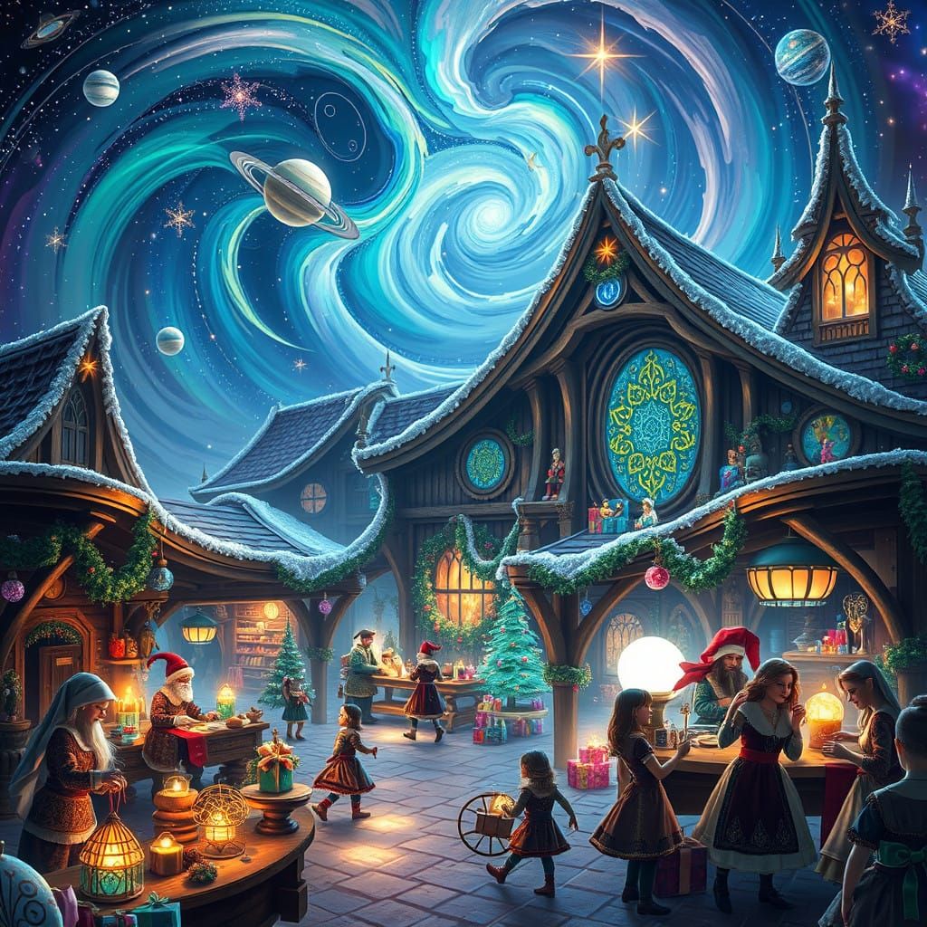 Magical Steampunk Santa's Workshop Amidst Cosmic Wonder