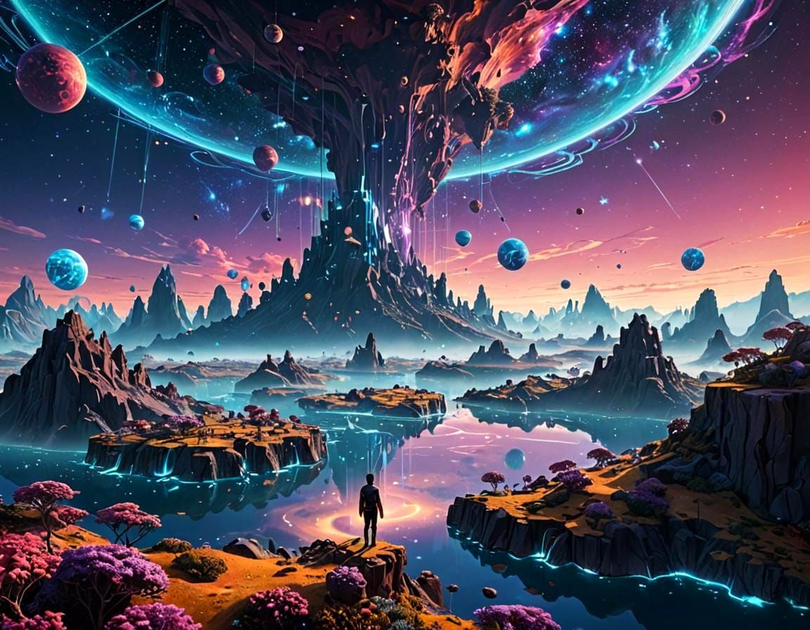 Surreal Metaverse Landscape with Floating Figure