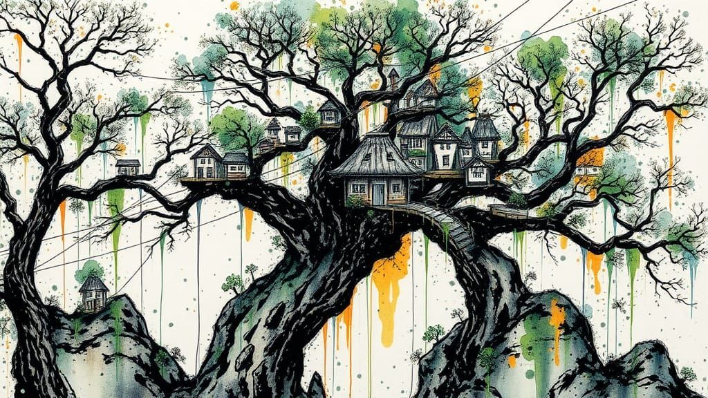 Ink Splatter Art: Epic Tree Village