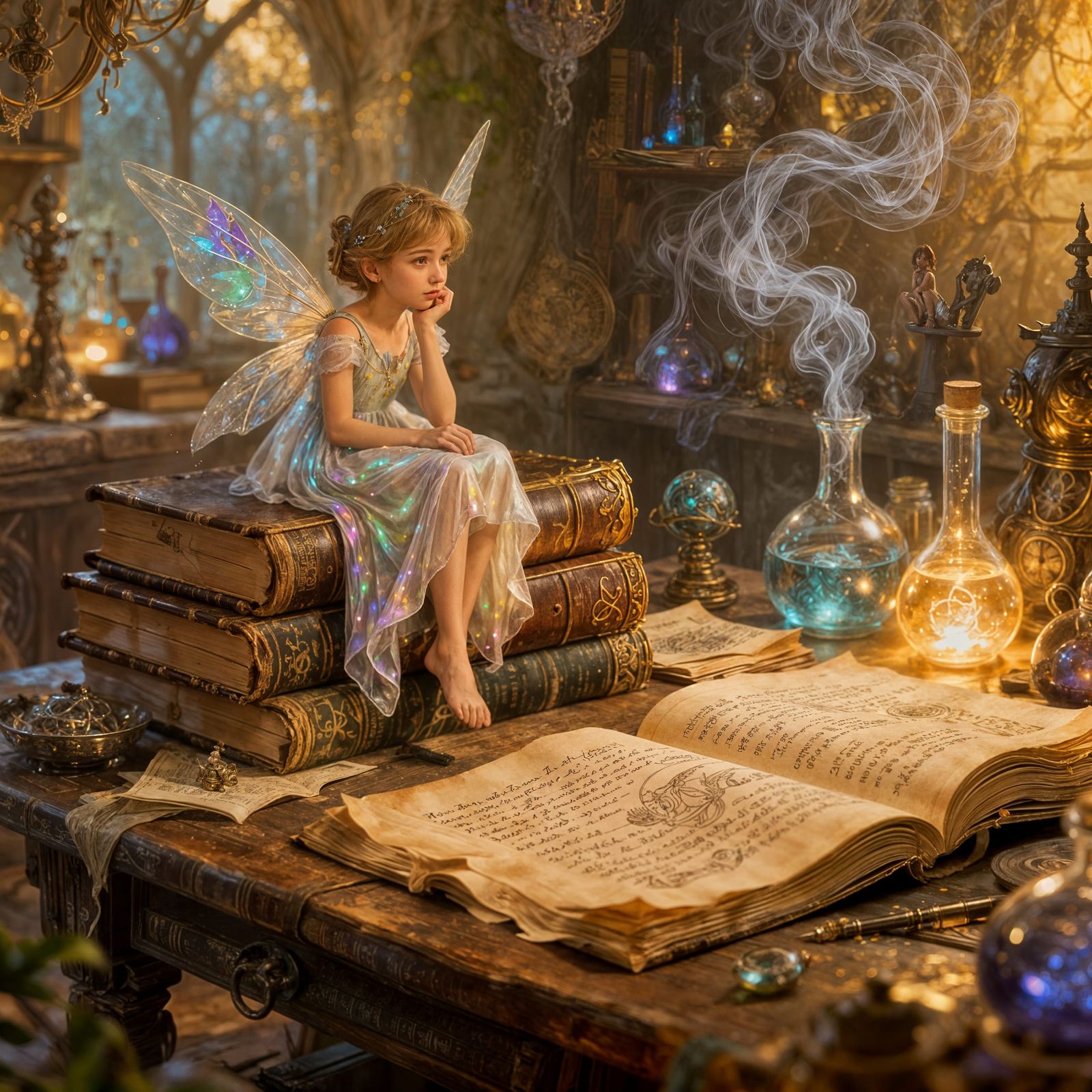 Fairy on Books in Sorcerer's Lab, Ethereal Fantasy