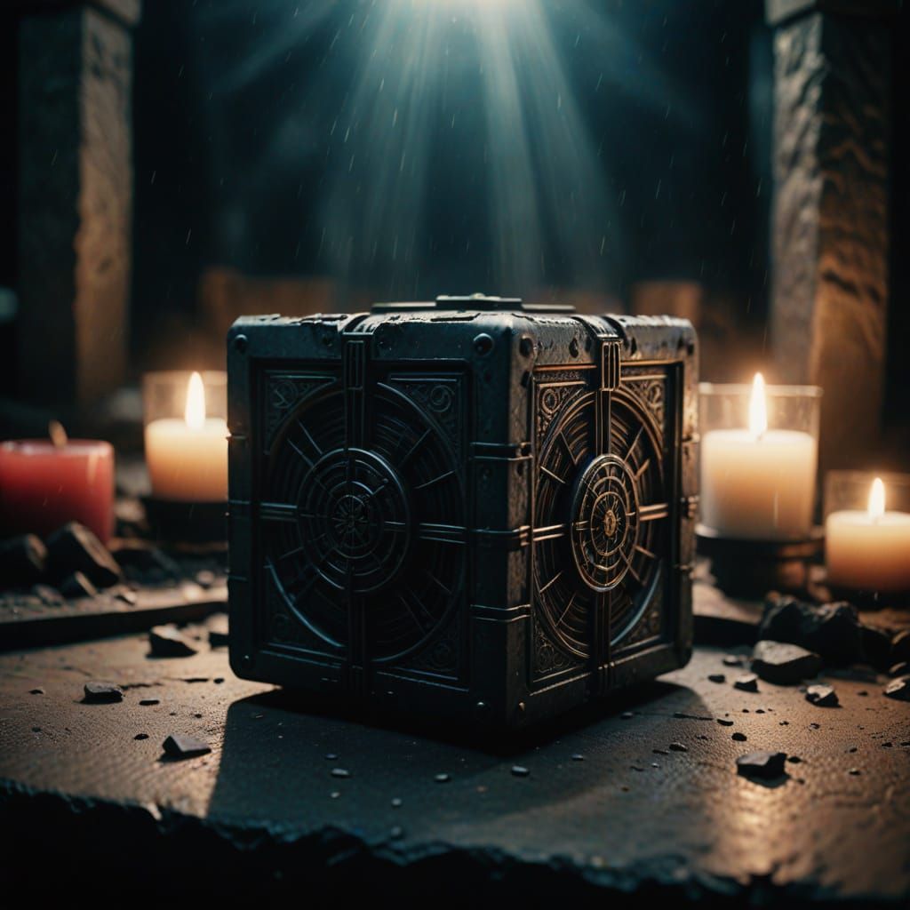 Ancient Hellraiser Box on a Dimly Lit Altar