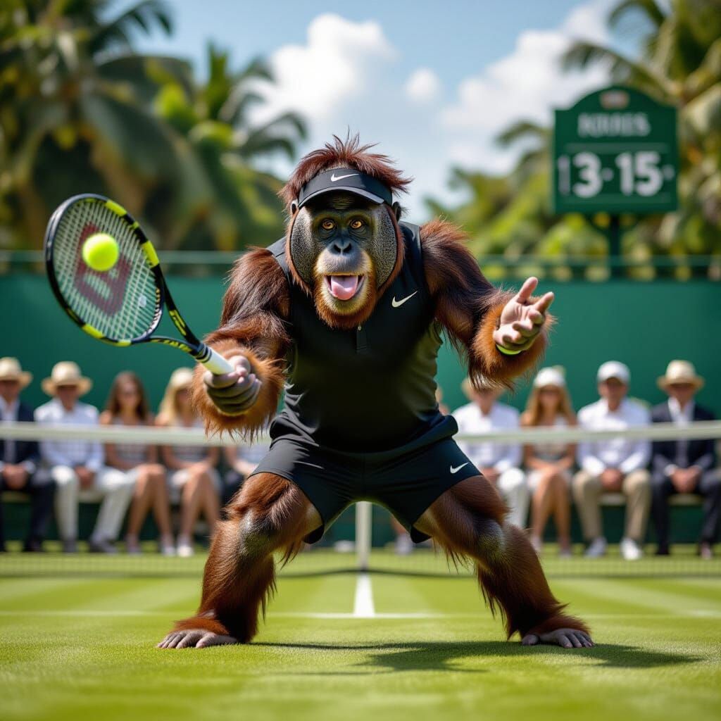 Orangutan Plays Tennis in Vintage Sports Photo Style