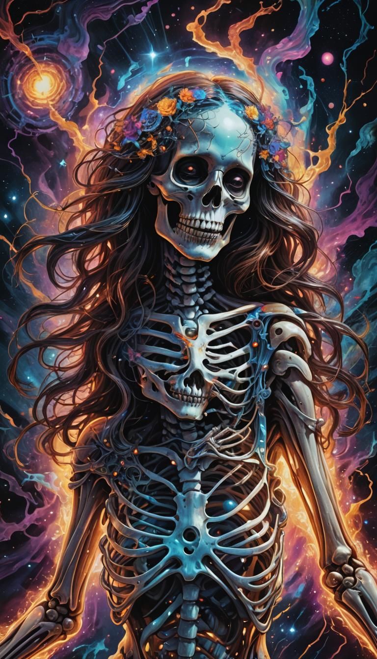 Woman Transforms to Skeleton in Cosmic Shamanic Art