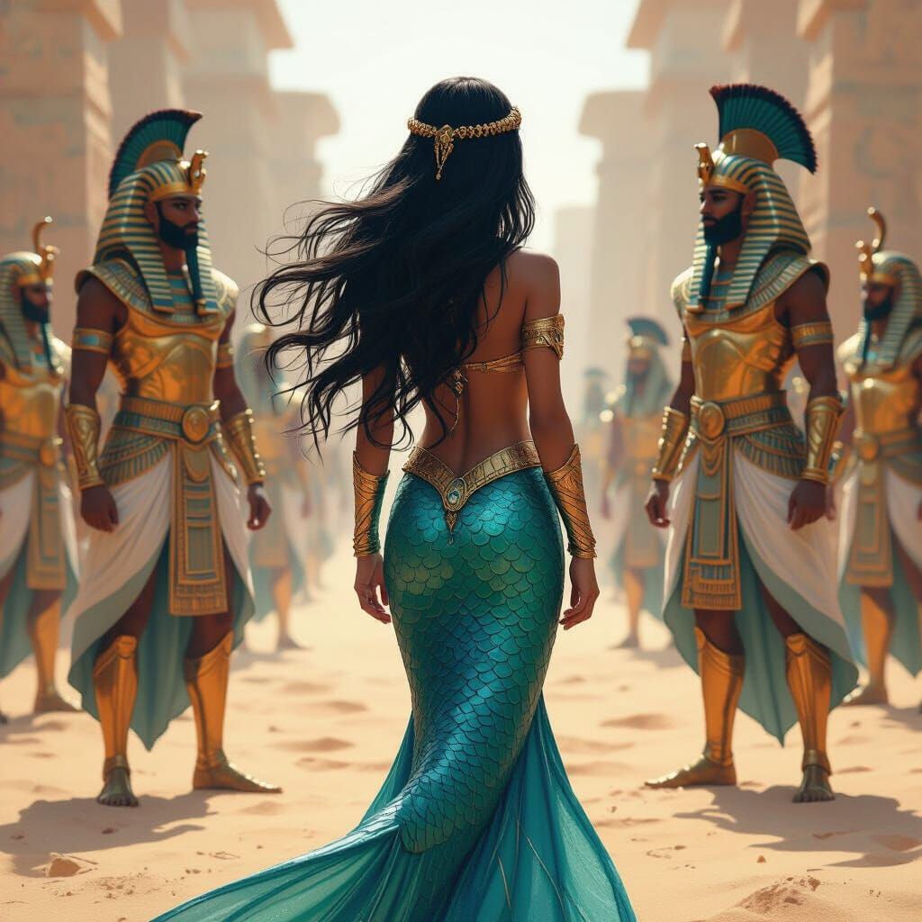 Mermaid Confronts Pharaoh Warriors in Fantasy Art Style