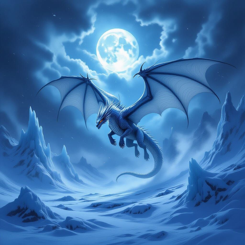 Majestic Ice Dragon in Blizzard, Dark Fantasy Style
