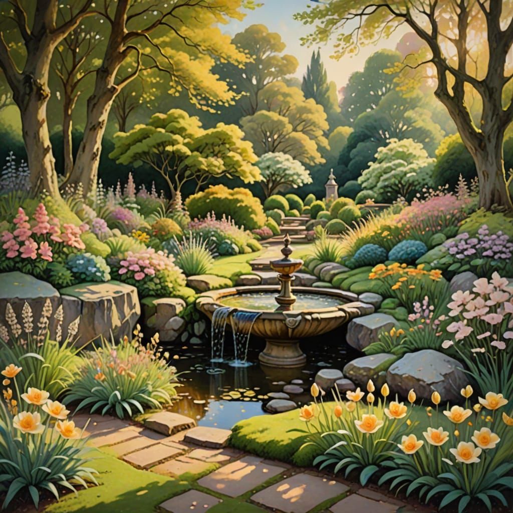 Secret English Garden with Fountain: Impressionist Oil Paint...