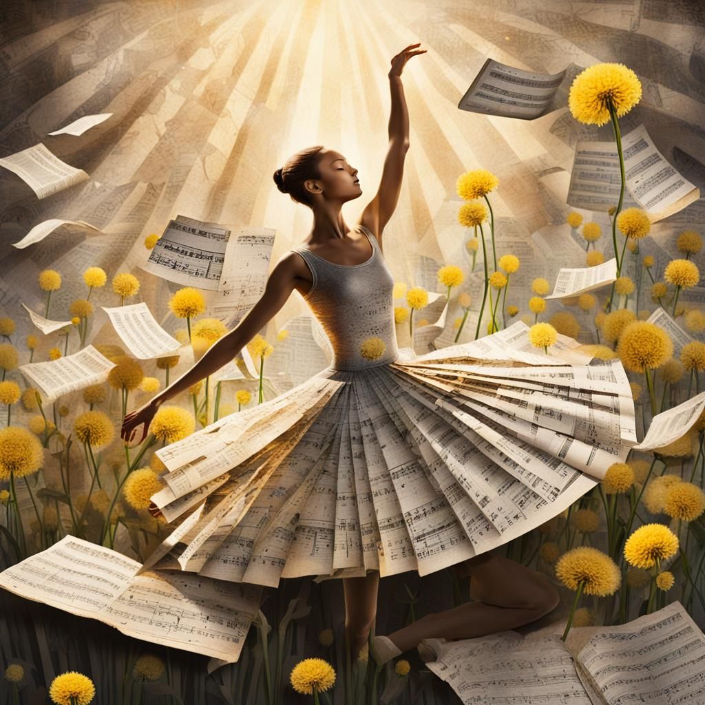 Ballerina in Mixed Media Collage with Dandelions