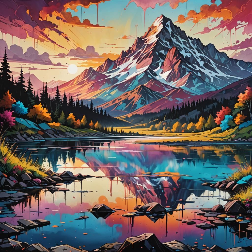 Sunset Mountain Lake View in Graffiti Art Style