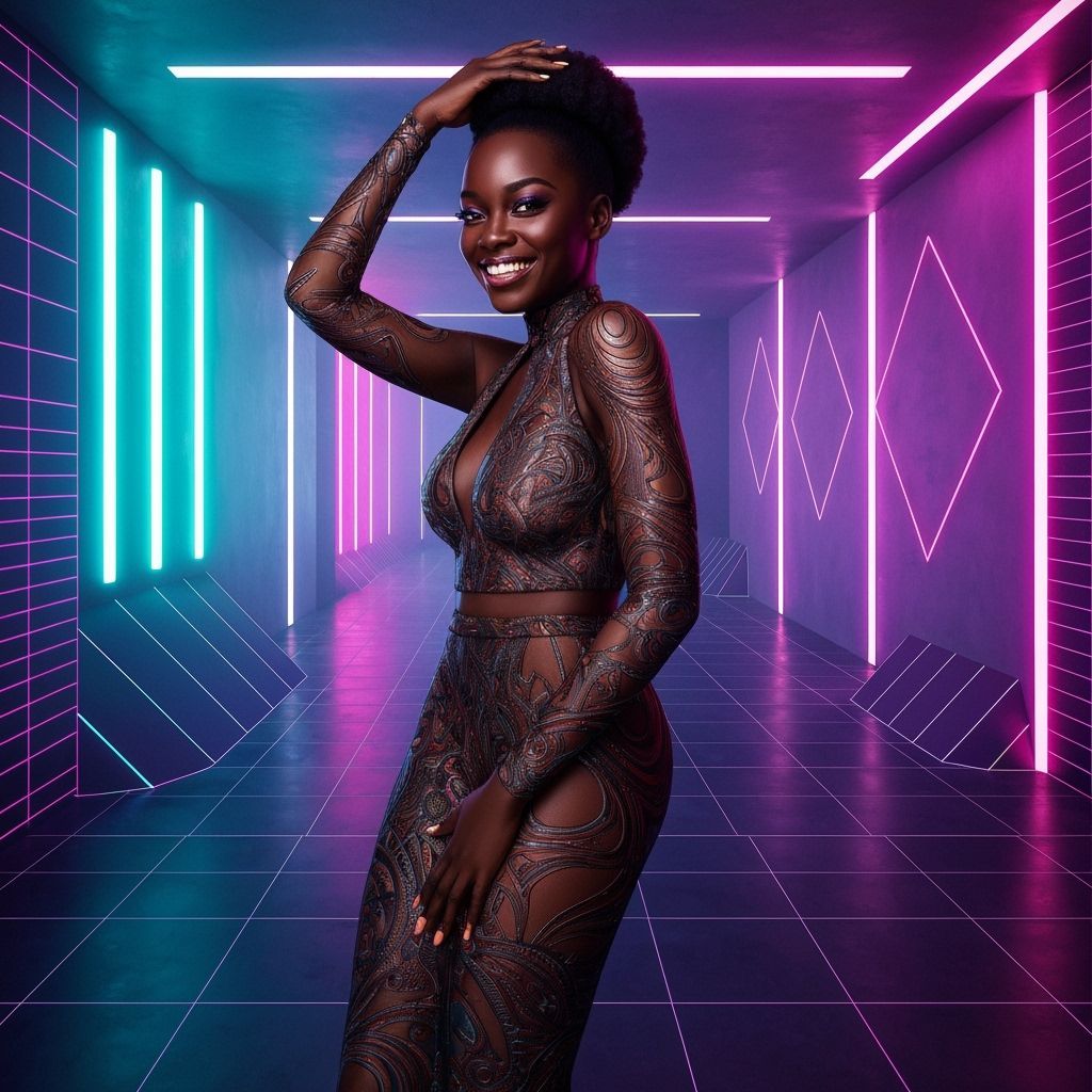 Elegant Woman in Abstract Interior with Neon Accents