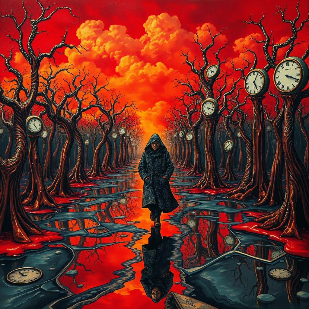 Ethereal Timekeeper's Journey Through a Melting Clock Forest