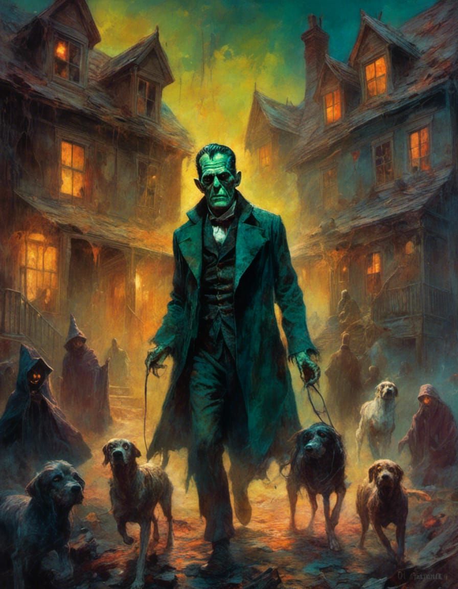 Frankenstein Monster in Wizard Costume with Ghosts