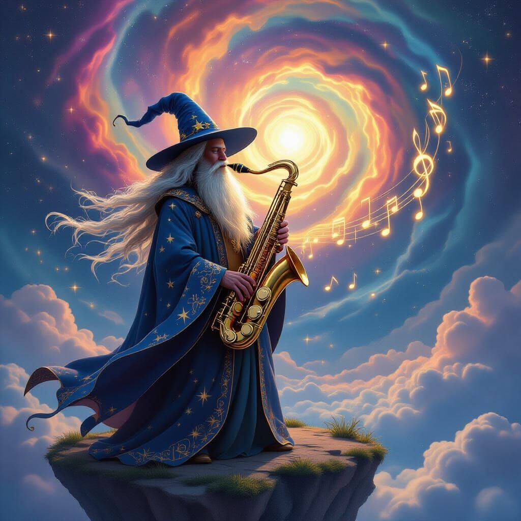 Wizard Plays Golden Saxophone in Nebula