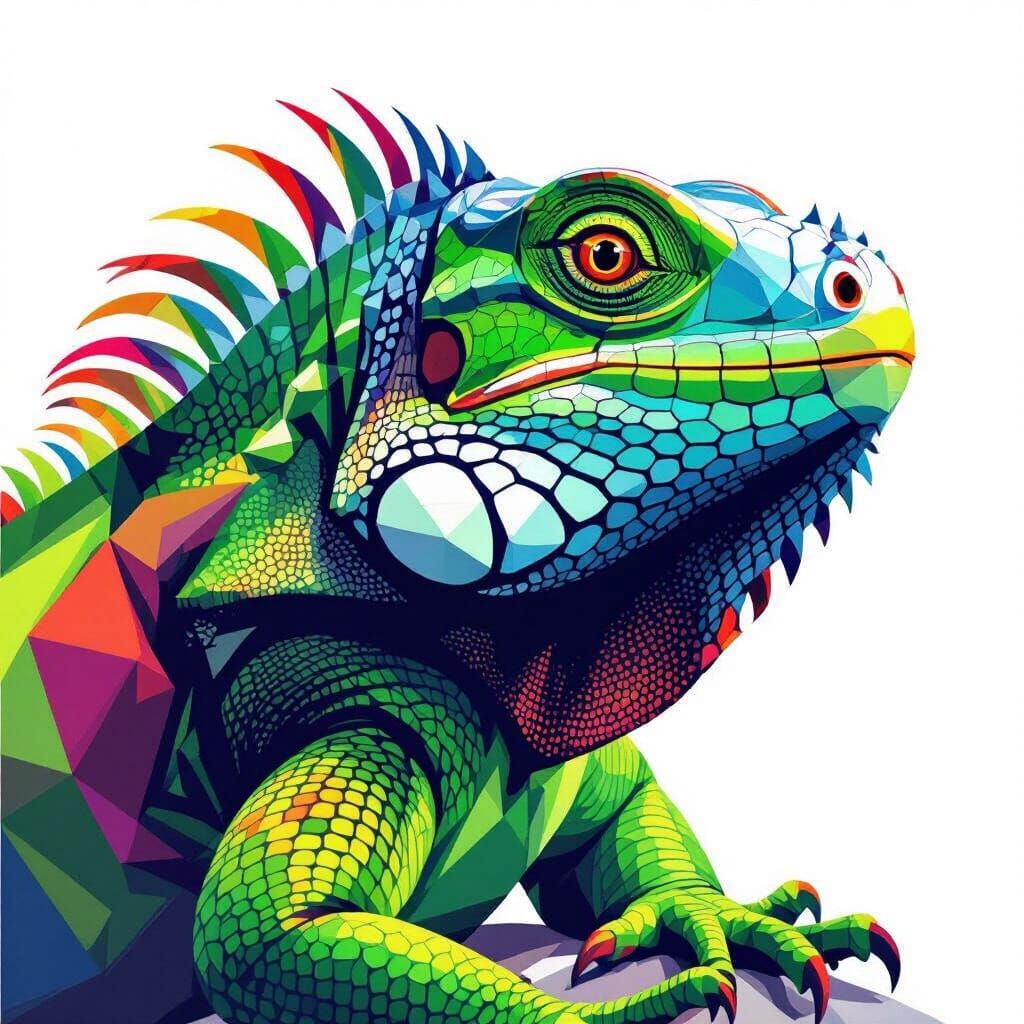 Vibrant Geometric Iguana Portrait in WPAP Style